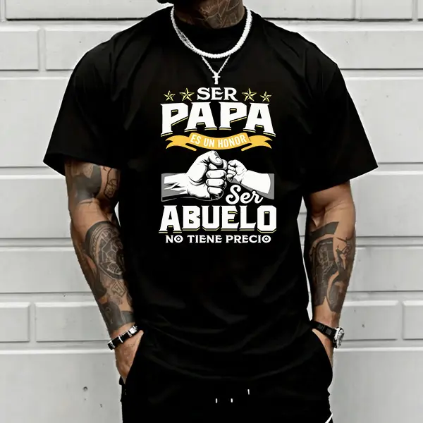 Spanish-language fun parent–child themed men’s short-sleeve T-shirt featuring a “Dad and Grandpa” print design; casual, versatile crewneck top in street-style fashion, suitable for everyday outings and gifting—showcases a stylish, masculine personality.