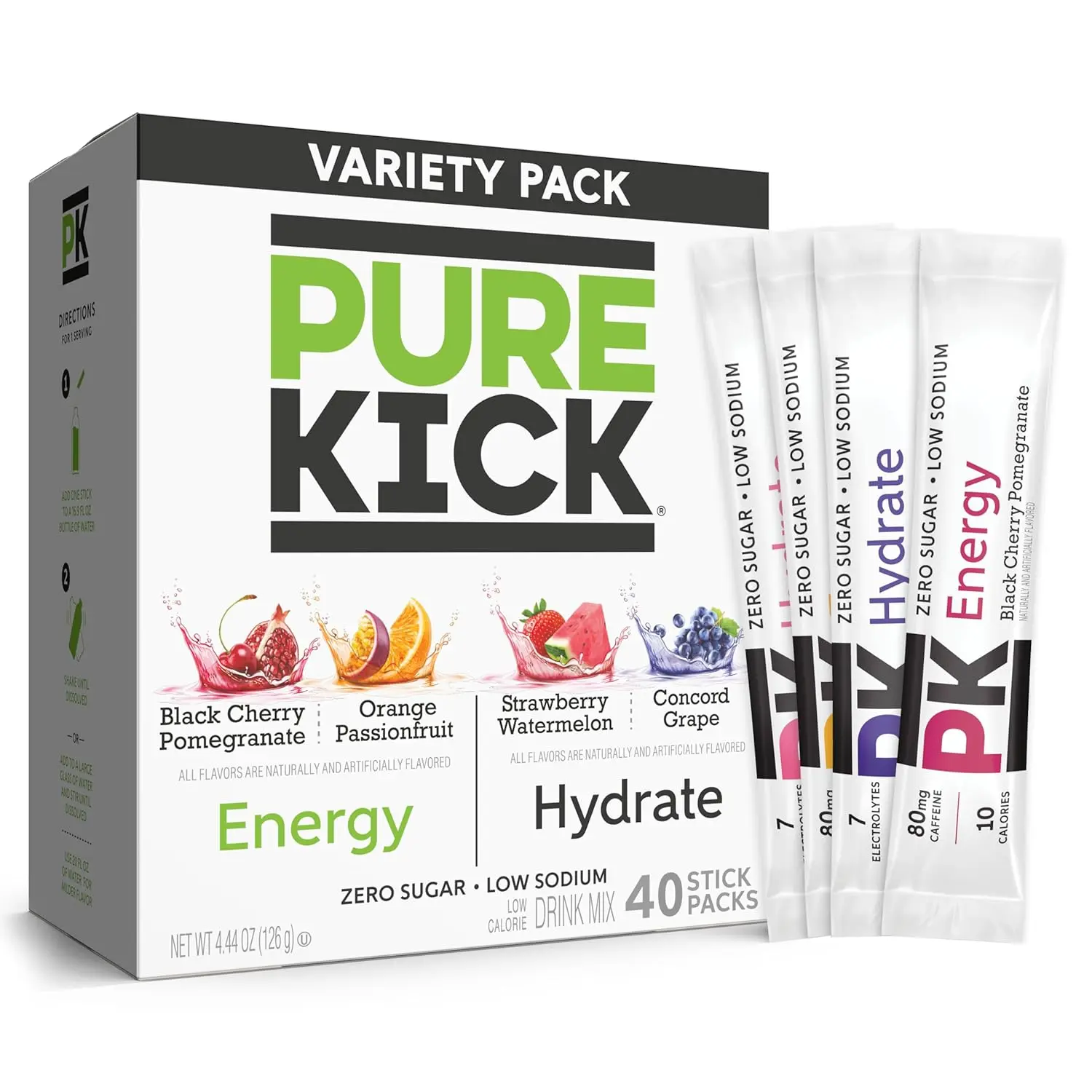Energy and Hydrat Drink Mix Variety Pack, Black cherry Pomegranate, Orange Passion Fruit, Strawberry watermelon and Concord Grape, 40 Count (Pack - 1)