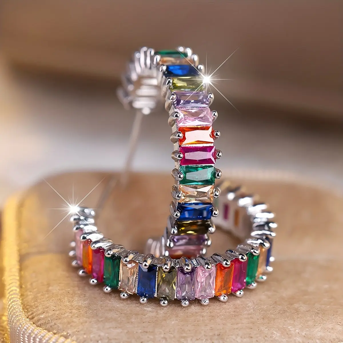 Women's Silvery-Plated Multicolored Rainbow Cubic Zirconia Baguette Cut Open Hooped Half Hoop Earrings, Lightweight Female Everyday Wear Costume Jewelry