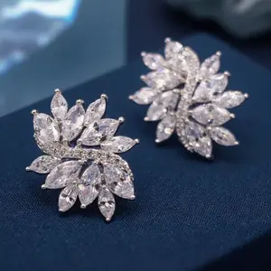 Elegant Flower Stud Earrings for Women, Hook & Clip-on Options, Bridal Wedding Statement Jewelry, Sparkling Accessory for Daily & Party Wear, High-Quality Exquisite Anniversary Gift