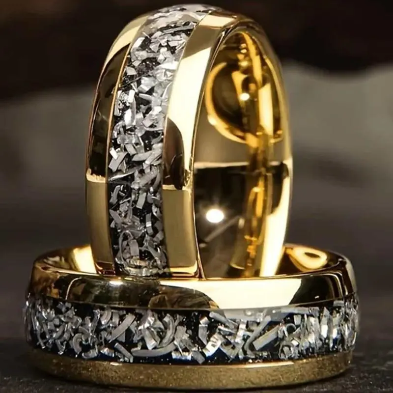 Men's 8mm Stainless Steel Ring, Gold-Tone Round Band with a Fashionable Faux Meteorite Inlay - Male Wedding & Engagement Jewelry, Proposal Ring