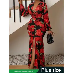 Plus Size Floral Print Ruched High-Slit Bodycon Dress, Elegant Long-Sleeve Bishop Sleeve Deep V-Neck Dress for Parties, Holidays, and Wedding Guests, Women’s Clothing for Spring and Autumn