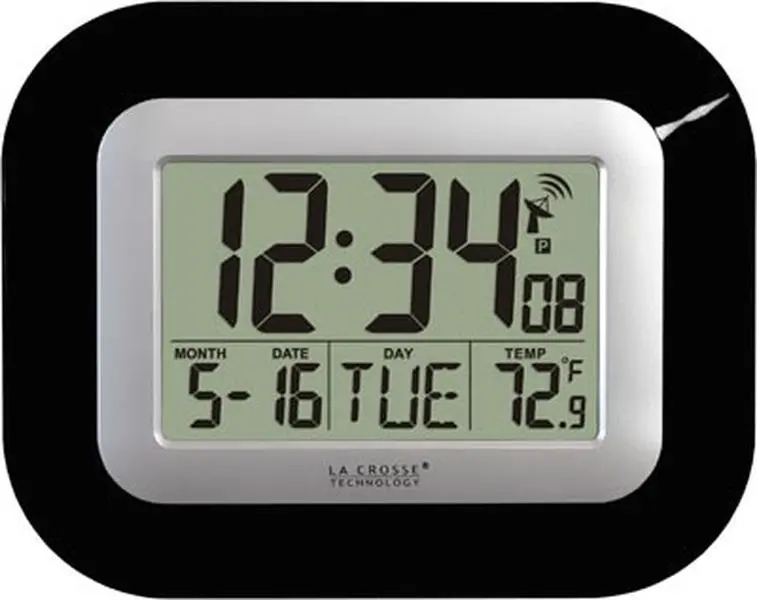 212 MAIN Battery Powered Atomic Digital Hanging Wall Clock - La Crosse Technology WT-8005U-B (Black), Home Decor with Sync, Indoor Temperature, Date, Digital Clock Decor, Atomic Wall Clocks