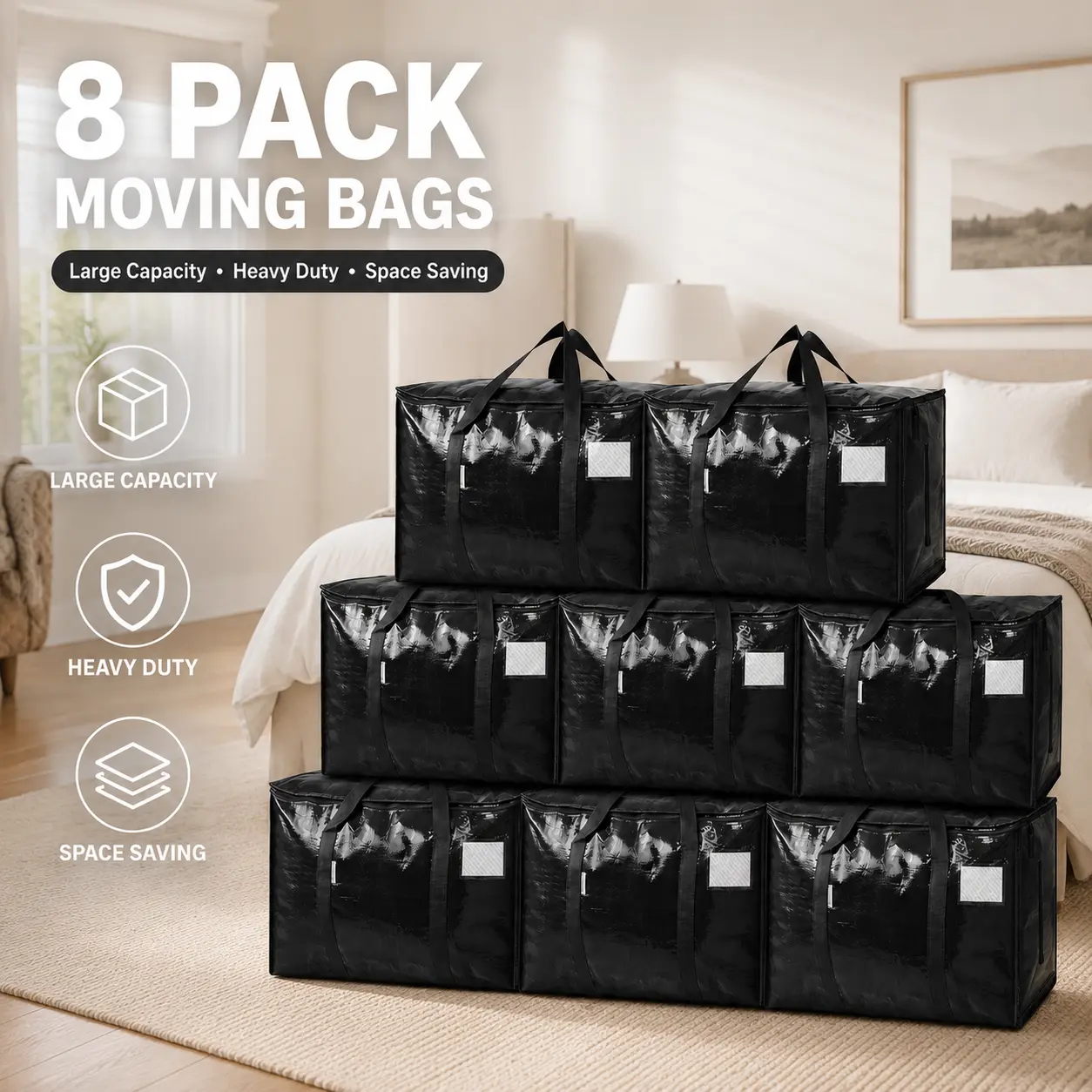 8 Pack Extra Large Reusable Zip-Around Storage Bags with Zipper Top, Strong Wraparound Handles, Clear Label Pocket, 24-Gal Foldable Water-Resistant Totes for Moving, Home Organization, Travel