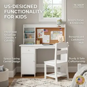 Garvee Kids Desk And Chair Set Wooden Study Table With Hutch Cork Board Drawers And Pen Holders Children Learning Writing Desk For Boys Girls White