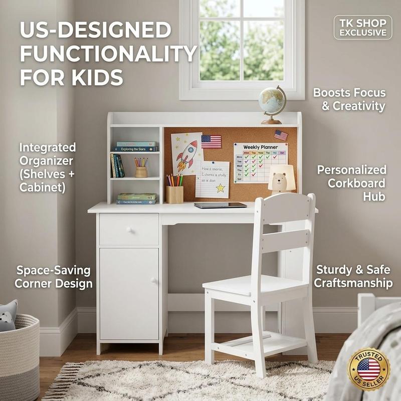 Garvee Kids Desk And Chair Set Wooden Study Table With Hutch Cork Board Drawers And Pen Holders Children Learning Writing Desk For Boys Girls White