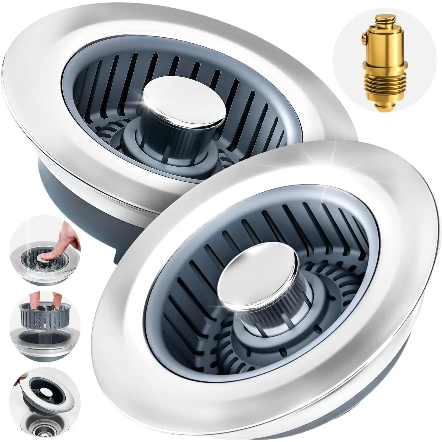 2 Pack 3 in1 Kitchen Sink Drain Strainer & Sink Stopper, Pop Up Stainless Steel Kitchen Drain Plug & Cover with Anti-Clogging Basket Strainer, Fit  Standard 3-1/2'' Drain Hole