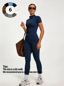 Women's Two-Piece Sportswear Set, Zipper Stand Collar Short Sleeve Top & High Waist Yoga Pants, Soft Skin-Friendly Fitness Clothes