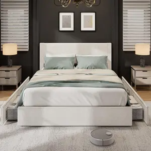 Full Size Bed Frame with 4 Storage Drawers Platform Bed Frame Full with Upholstered Channel Tufted Wingback Headboard Strong Wooden Slats Support No Box Spring Needed Beige