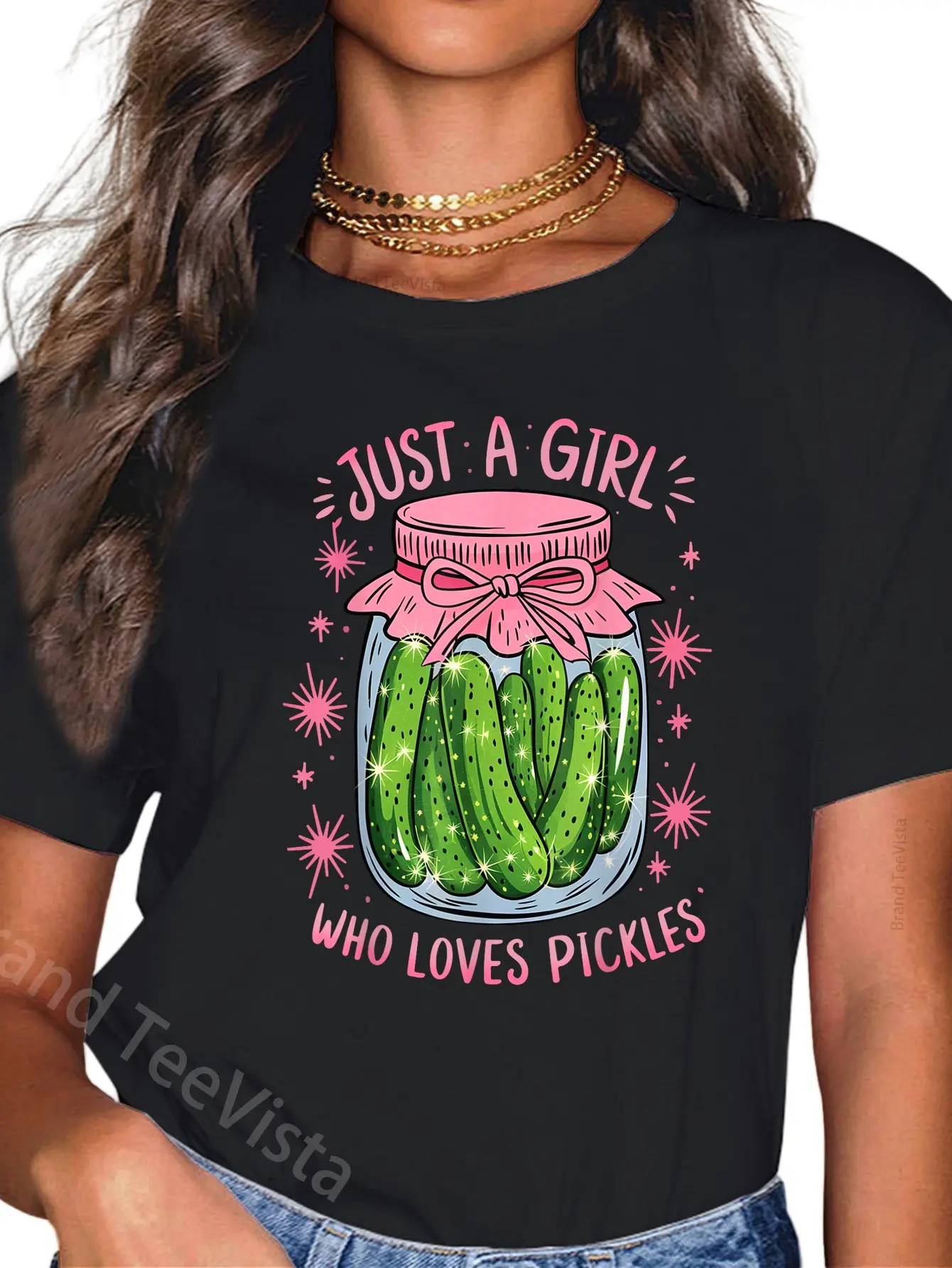 Men's 100% Cotton Vintage Unisex Cut Short-Sleeve Tops - Pickles Theme "Just a Girl Who Loves Pickles" Funny Graphic Round Neck Casual Streetwear Tee for All Seasons (Small, Large Sizes), Shortsleeve, Women, Funny Print