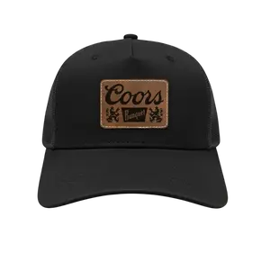 Coors Banquet Leather Patch Trucker Hat Classic Mesh-Back Snapback Unisex Black Hat with Brown Leather Patch Adjustable Closure OSFA