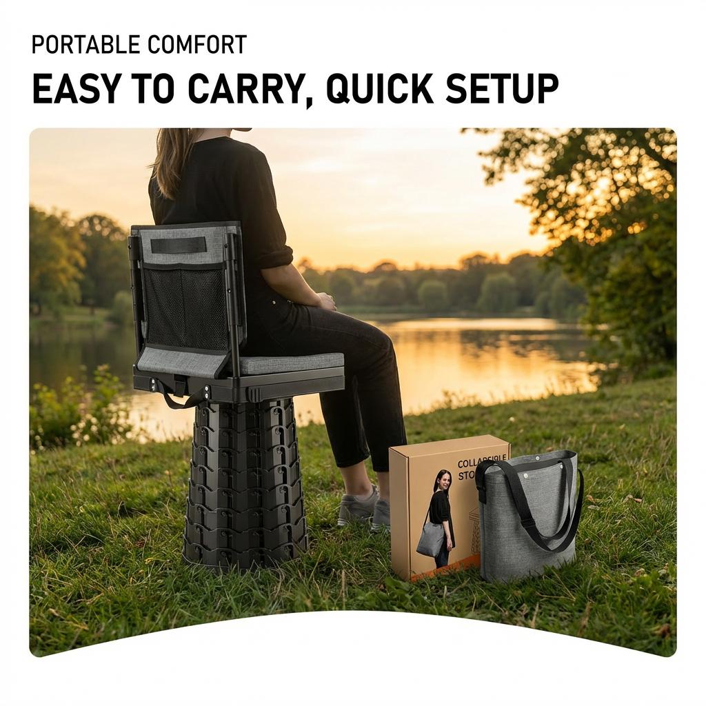 2026 Upgraded Collapsible Stool with Backrest, Adjustable Height Telescopic Camping Stool with Cushion & Carry Bag, Heavy Duty Portable Folding Chair for Camping, Fishing, Hiking & BBQ, Perfect Mother’s Day Gift