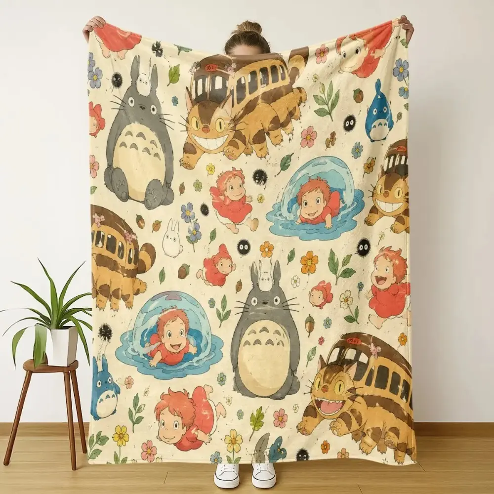 Ghibli Anime Collage Blanket, Totoro & Ponyo Themed, Watercolor Style, Soft & Cozy, Ideal for Anime Fans & Kids' Room Decor