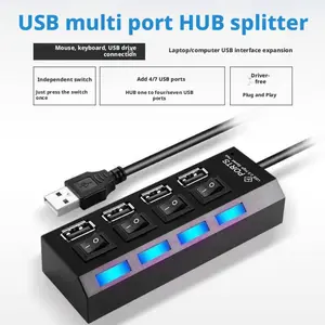Compact USB 2.0 HUB with Independent Switches, Multi-Port Splitter, USB Port Adapters for Laptops/pcs/external Hard Drives, LED Indicator, Desktop Organizer