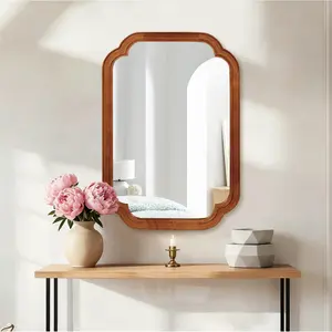 20*1*30 Inch Yellow Brown Solid Wood Frame Wall Mirror, Rounded Corner HD Tempered Glass Decor Mirror with Unique Wood Grain for Bathroom Bedroom Living Room Entryway Home Decor