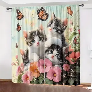 Cute Cat Butterfly Print Curtains, Fashionable Rod Pocket Window Drapes for Bedroom and Living Room, Easy Installation for Coffee Shop and Office