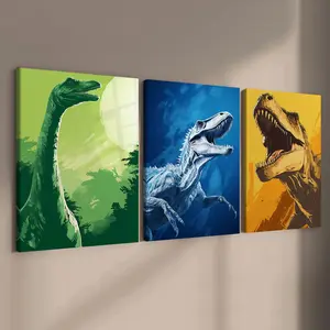 3 count wooden frame canvas, color collision style dinosaur theme triple poster, exquisite mural, stylish bedroom decoration, modern home decoration, living room and corridor wall decoration, HD, waterproof, art