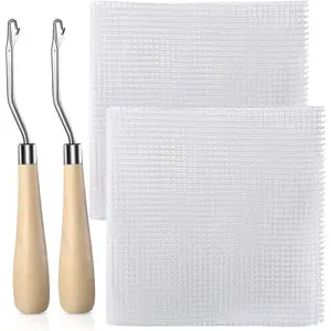 2 Pieces Blank Rug Hooking Mesh Latch Hook Mesh Canvas Kit with 2 Pieces Wooden Bent Tool for DIY Tapestry Canvas(19 x 19 Inches)