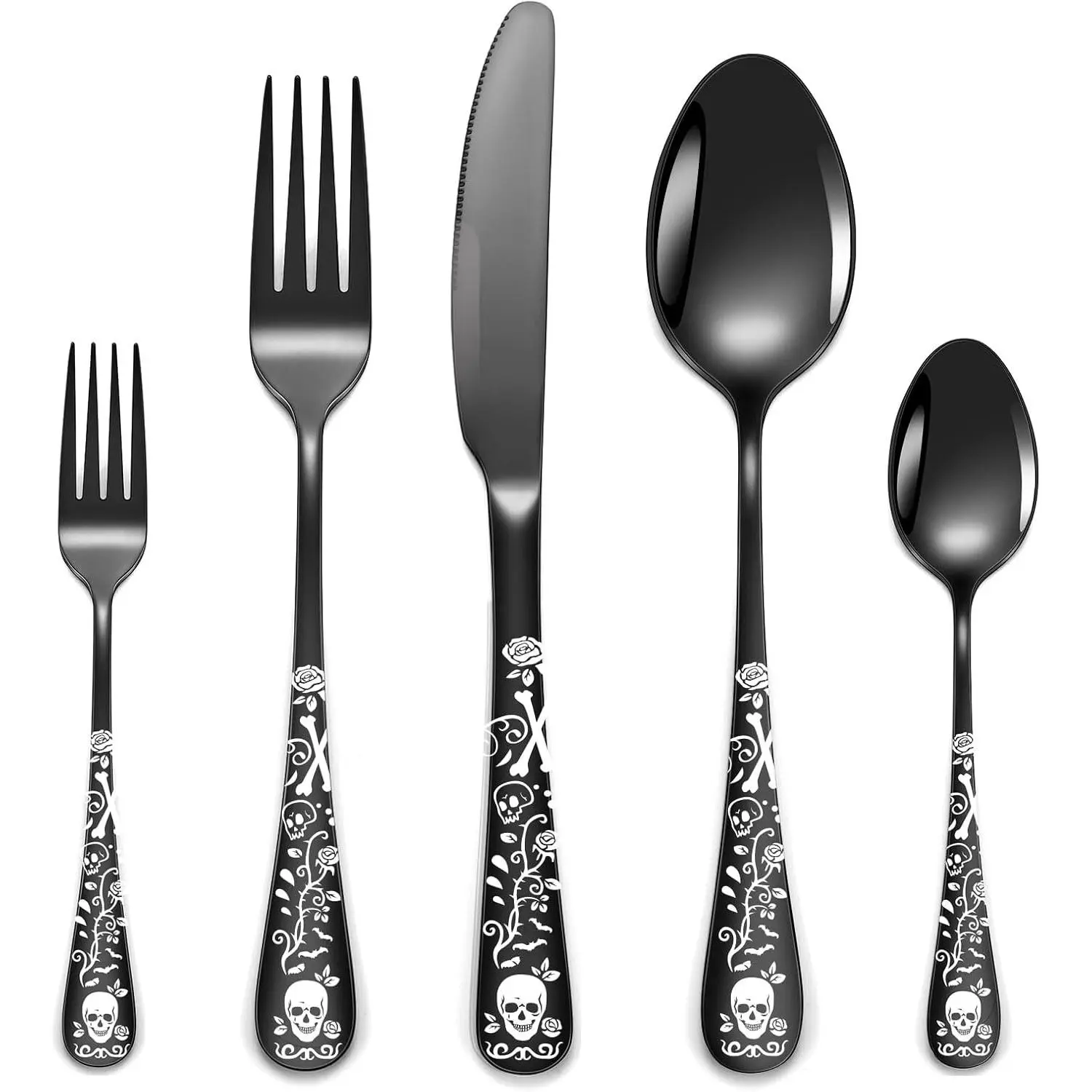20-Piece Black Skull Silverware Set for 4, Flatware Set Stainless Steel Spoons,Forks,Knife Pattern Unique Design Utensil Sets Tableware Cutlery, Mirror Polished, Dishwasher Safe