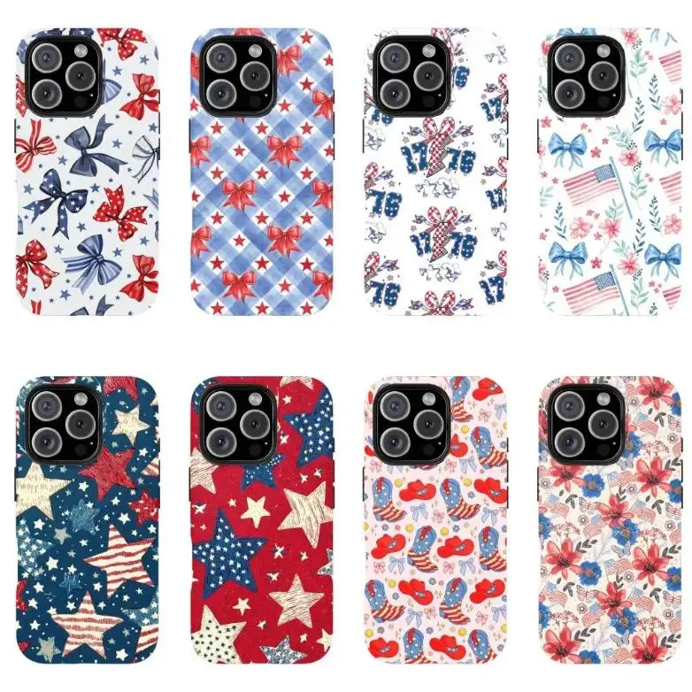 Patriotic Bow Non-Woven Cellphone Case - Independence Day Red White Blue Stars Flag Accessory, Soft Grip Cloth Rubber Casing for iPhone 17 Pro Max, Samsung Galaxy S25, US Pride Girly Gift Device Protection