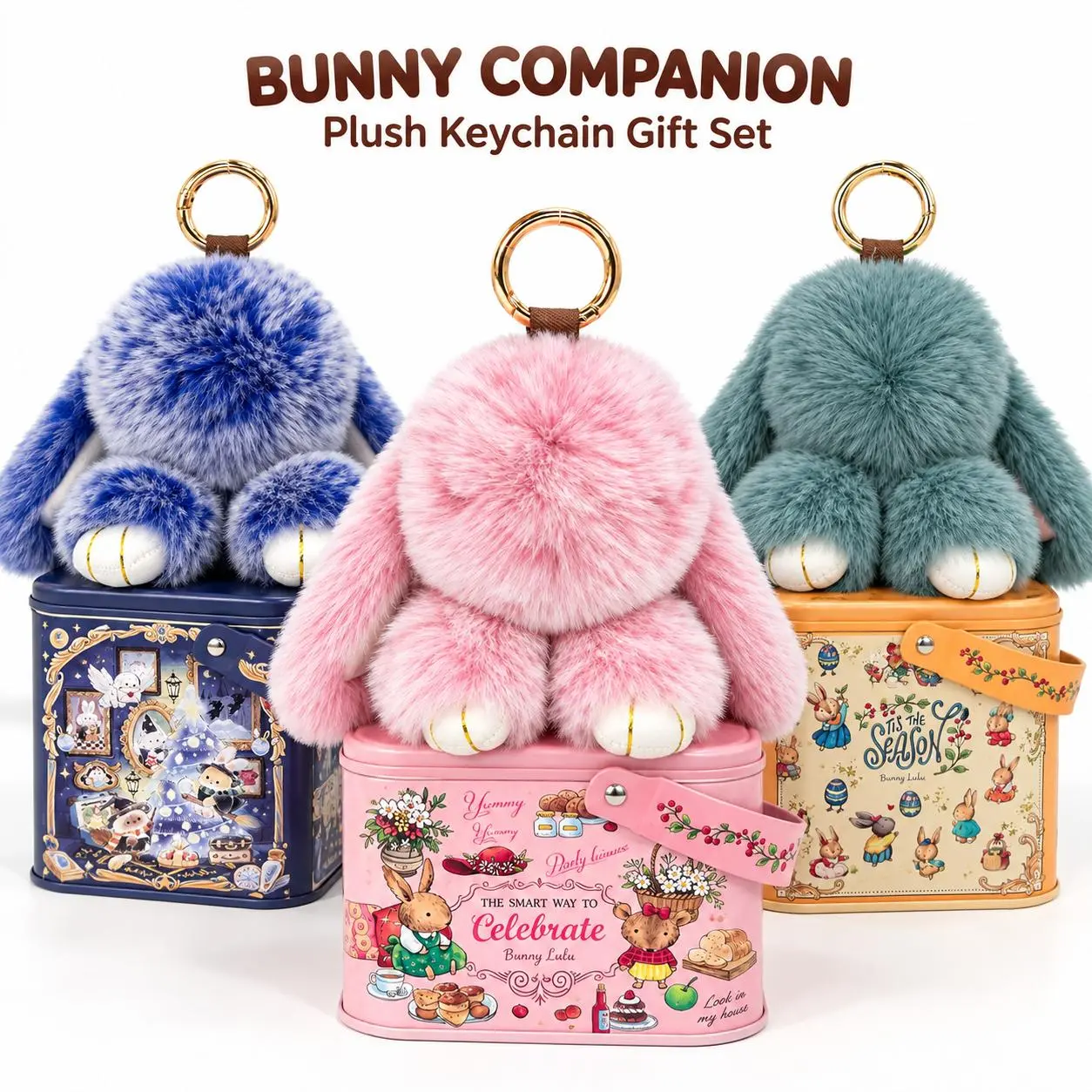 Collectible Fluffy Bunny Plush Keychain Set - 8 Styles with Illustrated Metal Tin & ID Card, Kawaii Indoor Recreation Bag Charm for Backpacks, Teens Gift