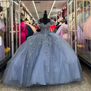 Dusty Blue Quinceañera Dress with Embroidered Floral Details and Ball Gown Style for Special Occasions