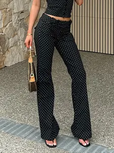 Women's Polka Dot Straight Leg Low Waist Casual Commuter Pants, Fitted Long Trouser for All Seasons, Versatile Fashion Bottoms, Casual Chic Bottoms