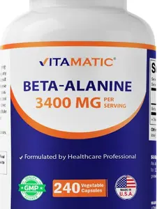 Vitamatic Beta-Alanine 3400 mg Per Serving – Supports Endurance, Muscle Performance & Workout Stamina – 240 Veg Capsules