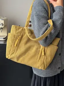 Vintage Corduroy Tote Bag, Woven Zipper Head, Reinforced Handles, Large Capacity Main Compartment, External Pocket, Multi-Layer Storage