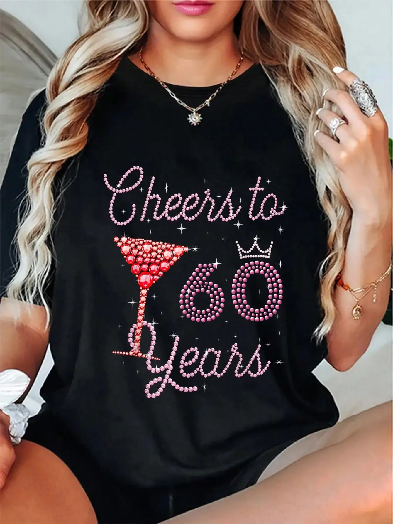 Funny 60th Birthday Graphic T-Shirt, Women's 100% Cotton Casual Short Sleeve Streetwear Tee, Cheers to 60 Years Bday Gift, Shortsleeve, Everyday, Top, Tshirt, Vintage