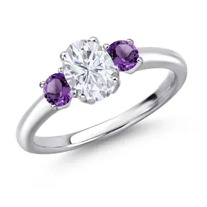 Gem Stone King White Moissanite and Gemstone Birthstone 3-Stone Engagement Ring for Women in 925 Sterling Silver | Oval 7X5MM and Round 3MM | Wedding Anniversary Promise Ring | Sizes 5, 6, 7, 8, 9