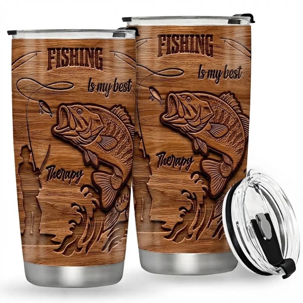20oz Portable Stainless Steel Vacuum Insulated Tumbler with Authentic Wooden Grain Finish and Leak-Proof Lid, Featuring an Intricate 3D Engraving of "Fishing Is My Best Therapy" with a Fisherman and Bass Design, Ideal Coffee Mug Flask for Fishing Ent