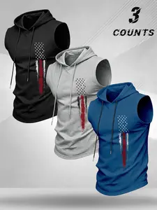Men's Vintage Flag Print Hooded Sleeveless Sport Tank Top, Stretch Quick-Dry, Breathable Summer Workout Shirt, Loose-Fit, Breathable Sports Top, Breathable Sports Wear