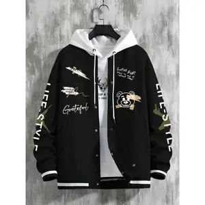 Men's Cartoon Bear & Letter Print Button Front Varsity Jacket, Regular Fit Casual Comfy Long Sleeve Mock Neck Outerwear for Fall & Winter, Casual Fitted Jacket, Men's Clothes for Daily Wear