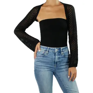 Bolero Crochet Sweater Hollow Out Knit Casual Streetwear Cropped Top Shrug Long Sleeves Slim-fitting Cardigan