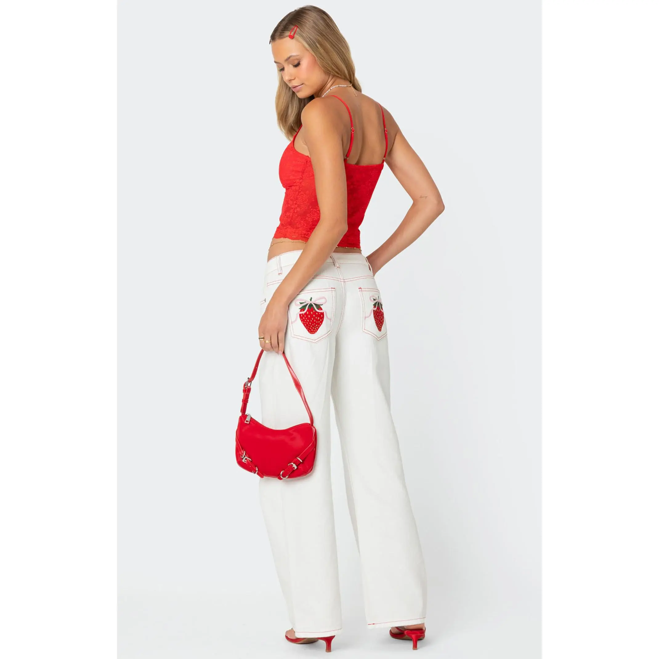 Edikted Women's Strawberry Bow Pocket Jeans