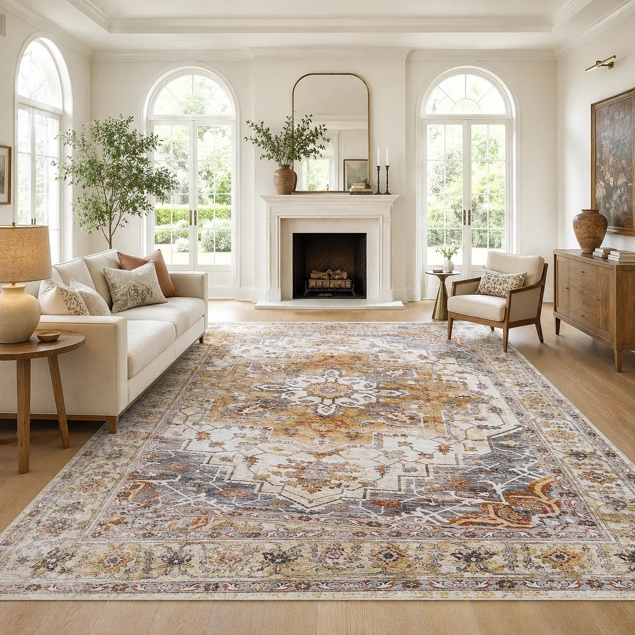 ComiComi Large Vintage Medallion Area Rug, Waterproof Rugs, Soft Low Pile Machine Washable Rug, Non-Slip TPR Backing, Easy Clean,Stain Resistant Rugs for Living Room, Bedroom, Sofa Area Rugs