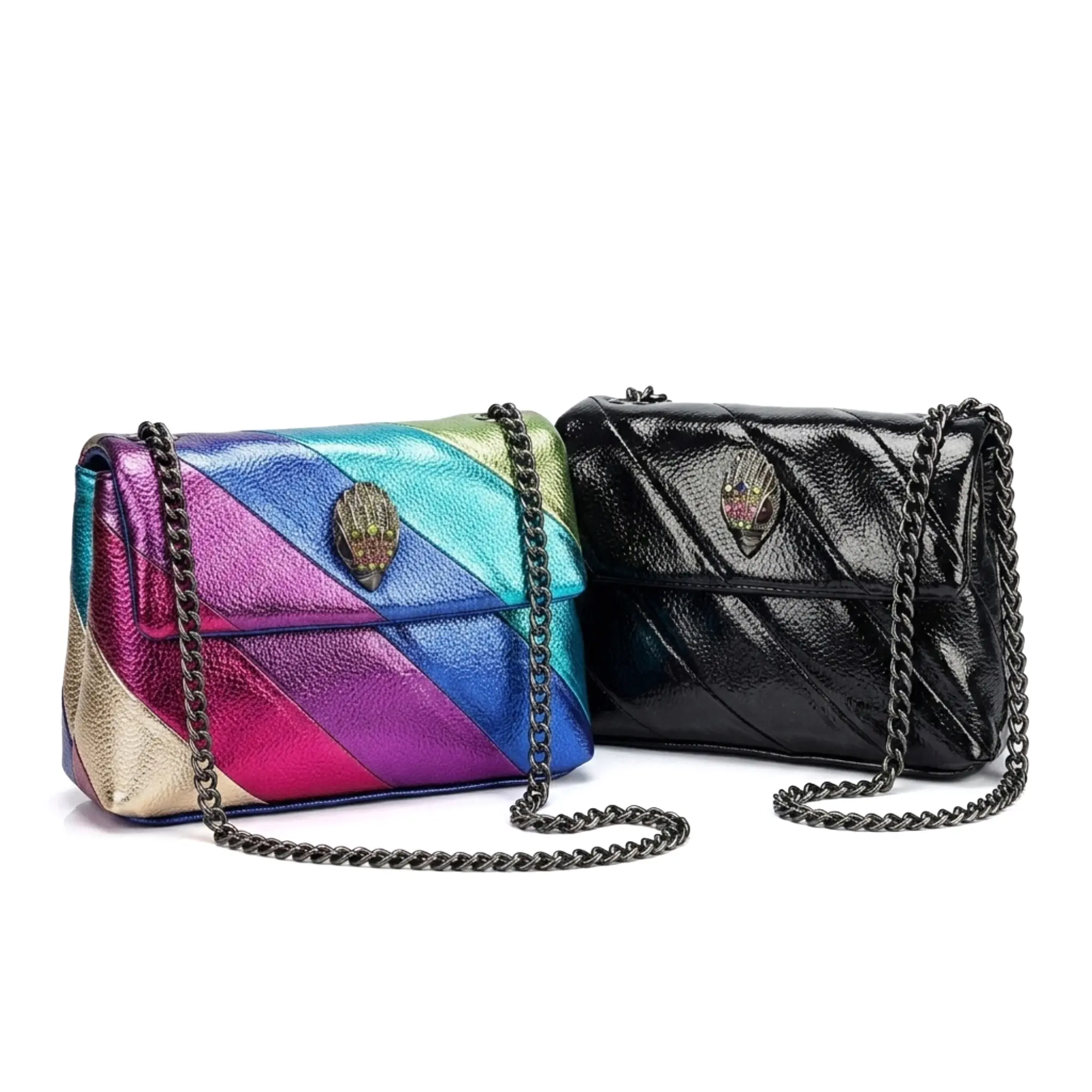Eagle Rainbow Patchwork Handbag, Multicolor Chain Shoulder Bag with Eagle Head Lock, Women's Fashion Crossbody Purse