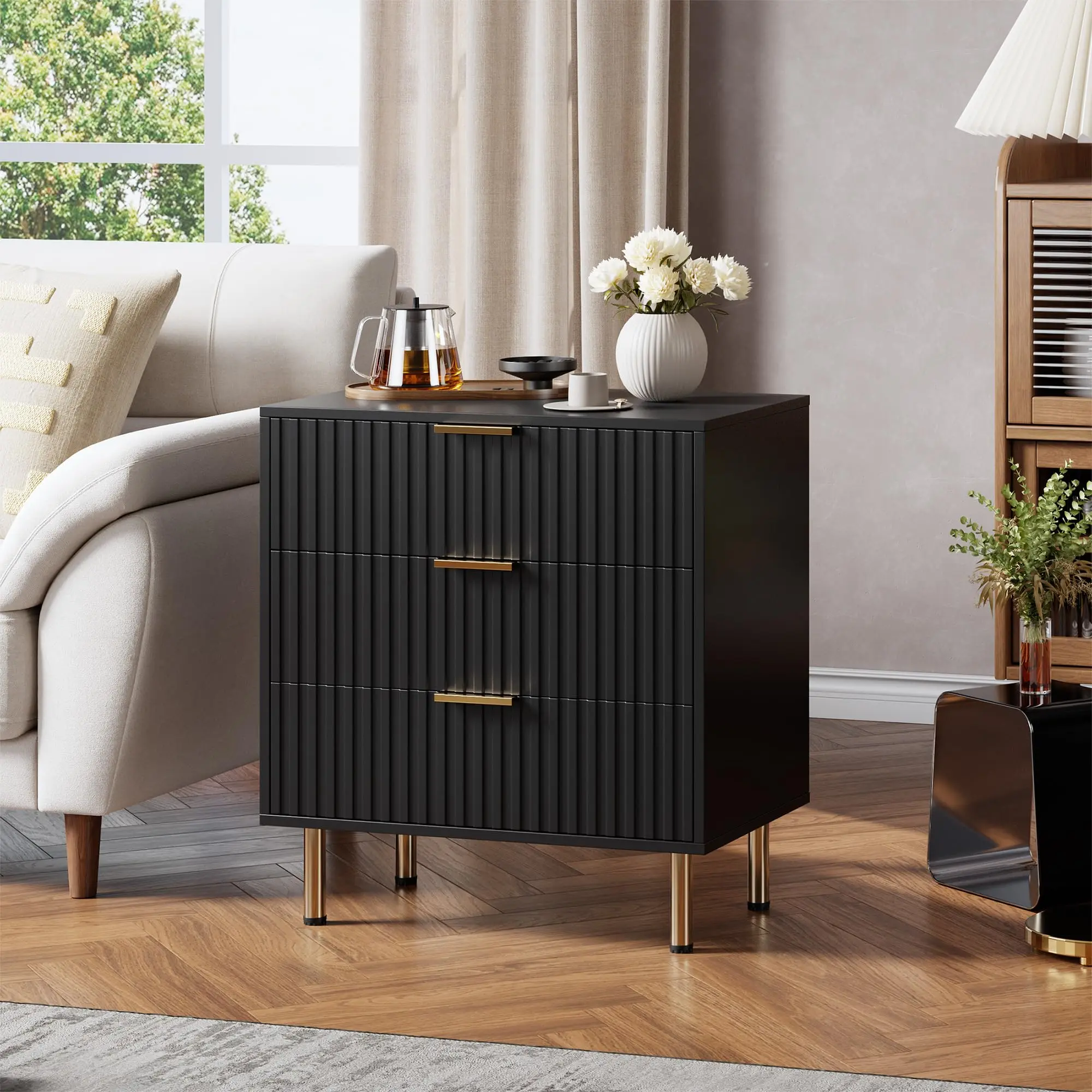 Garvee Fluted 3 Drawer Dresser - Modern Wooden Chest of Drawers with Deep Storage, Wide Top Surface, and Versatile Design for Bedroom, Living Room, Hallway, and Kids' Room in Black Finish