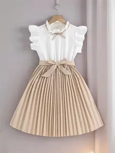 Girl's Patchwork Print Bow Decor Bubble Sleeve Dress, Elegant Fashion Casual A Line Dress for Daily Outdoor Wear, Toddler Girls Dress for All Seasons, Ruffled Bowknot Dress