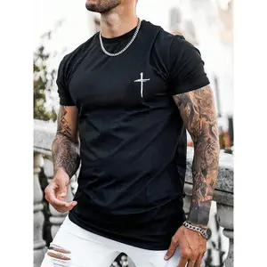 Men's Regular Fit Cross Print Short Sleeve Tee, Casual Graphic Round Neck T-Shirt for Summer, Fashion Men's Streetwear Top for Daily Wear, 90s Clothes