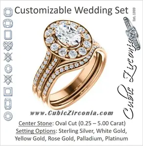 CZ Wedding Set, featuring The Yasmine engagement ring (Customizable Oval Cut Center with Oversized Halo Accents and Split-Pavé Band)