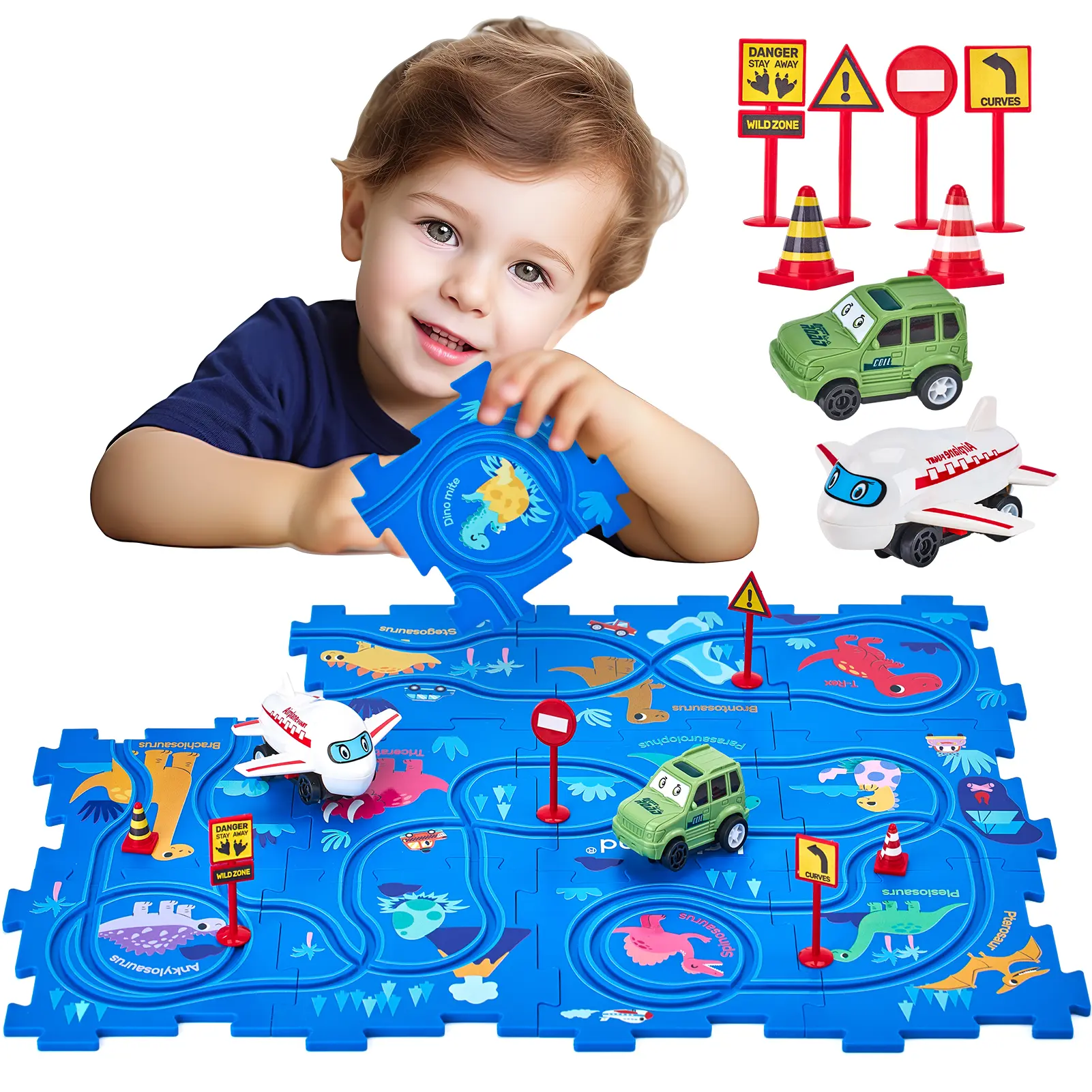 hahaland 12 PCS Racer Car Track Set, Dinosaur-Themed Puzzles, Educational Montessori Toys for Kids, Birthday Gifts, Boy Girl Toys Toyset Role Play Set