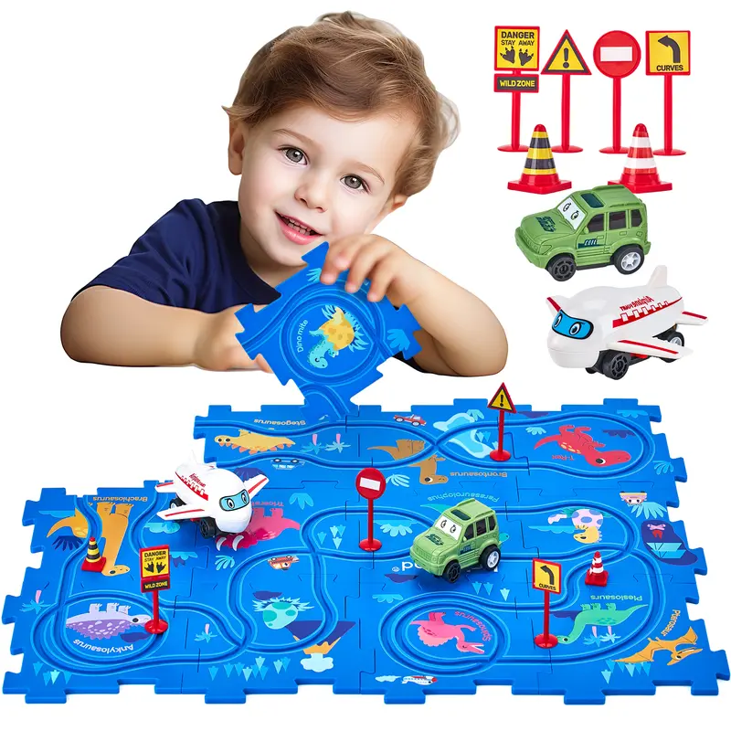 hahaland Dinosaur Puzzle Track DIY Building Kit - 12-Piece Interlocking Montessori STEM Brain Teaser for 2-3 Years Kids, AAA Battery-Powered ABS, Car, Airplane, Road Signs, 5x5 Inches Colorful Map, Easy-Clean Hard Plastic Educational Birthday Toy