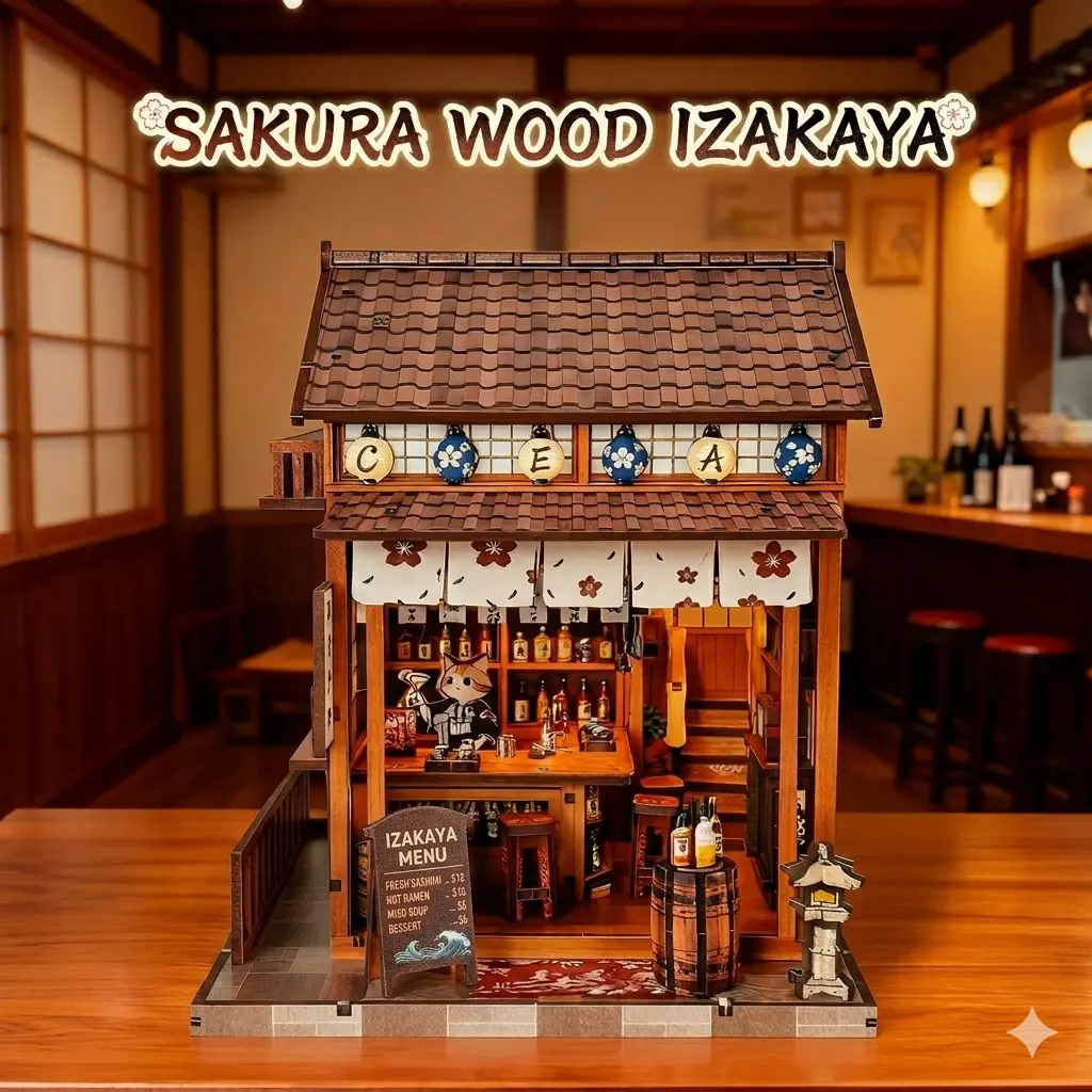 DIY Book Nook Kit 3D Wooden Puzzle, Japanese Izakaya Miniature House, Bookshelf Insert Diorama, Home Decor Craft Kit for Adults
