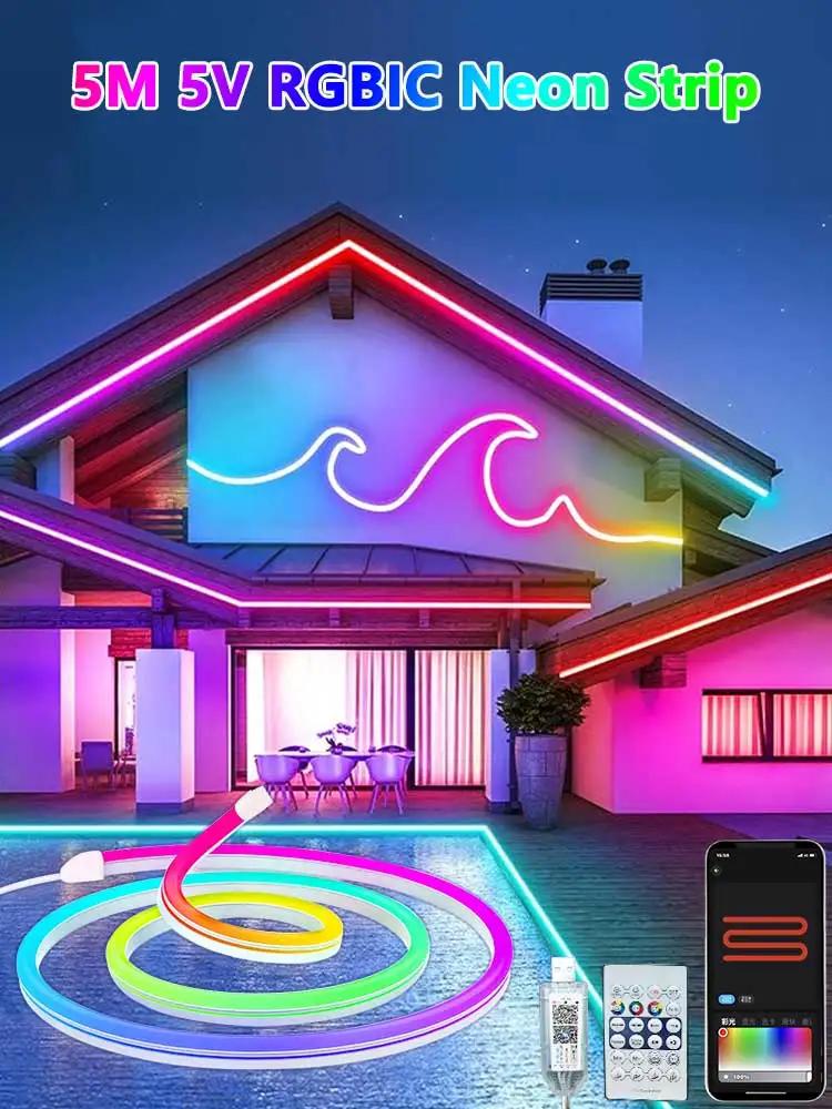 RGBIC Bluetooth Neon LED Strip Lights 5V 5M Waterproof Flex Ribbon Tape for Room Wall Decor with Easy Bluetooth Control and Flexible Design