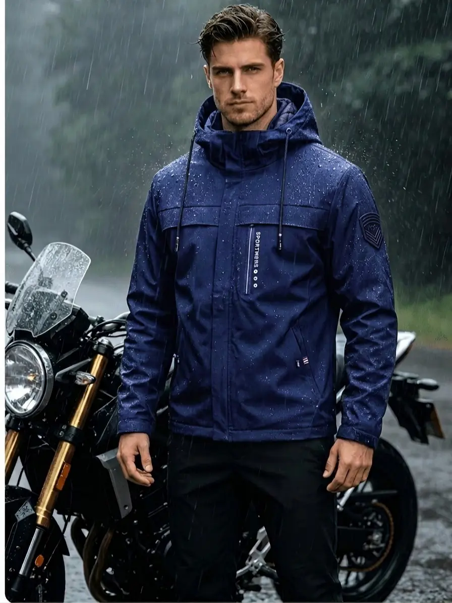 Men's Hooded Waterproof Motorcycle Jacket Windproof Zip Pockets | Full Sizes XS-3XL | All-Weather Water Resistant Wind Protection | for Men Riding Hiking Outdoor Daily Casual Wear