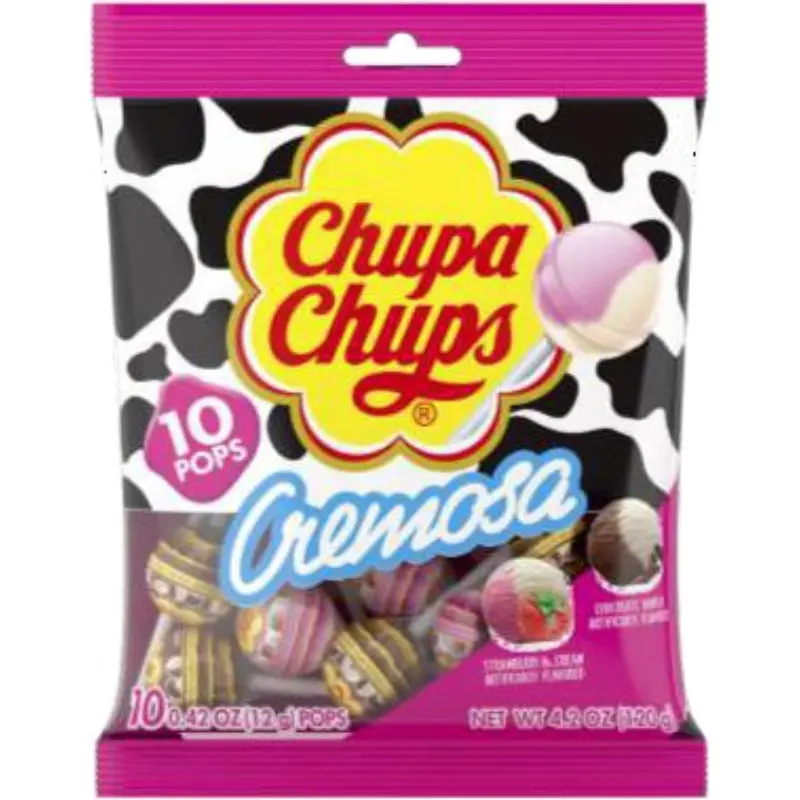 Chupa Chups Cremosa Mixed Flavor Sweet Lollipops Candy Bundle - 2x10ct Peg Bags, Strawberry Cream-Yogurt-Chocolate-Vanilla Gourmet Suckers with Sugar Syrup & Whey Powder, 4.2oz Grab-Go Snacks for Children, Kids Party Favors, School Lunch