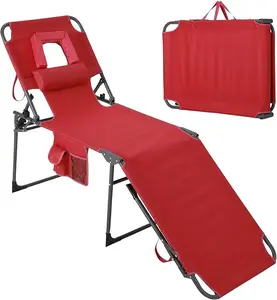 Folding Beach Lounge Chair with Face Hole, 5-Position Adjustable Backrest Tanning Chair, Portable Chaise Lounge with Pillow & Side Pocket for Outdoor Pool, Patio, Backyard, Red