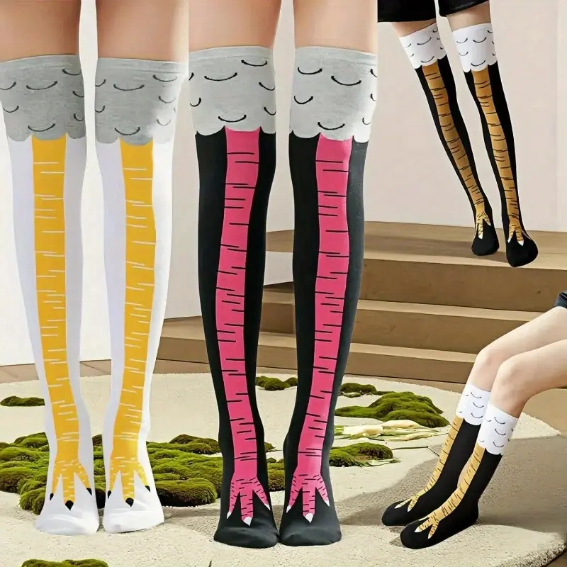 Women's & Teens' 3-Pack Whimsical Chicken Leg Knee-Length Socks, Stretch Fit Optical Illusion Cotton Blend Novelty Party Wear, Mix Color Gift for Role Play